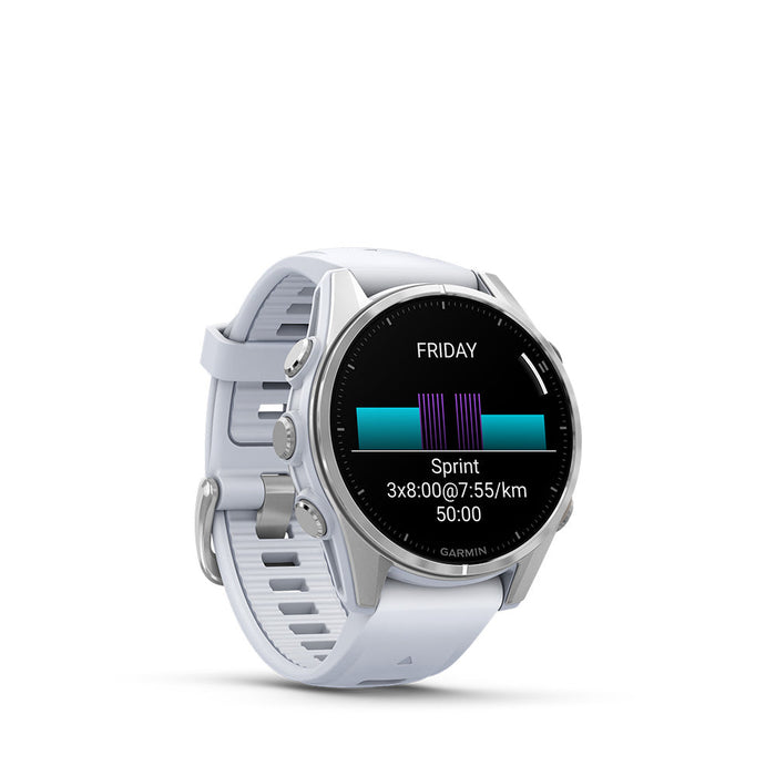 fenix® 8 – 43 mm, AMOLED Silver with Whitestone silicone band
