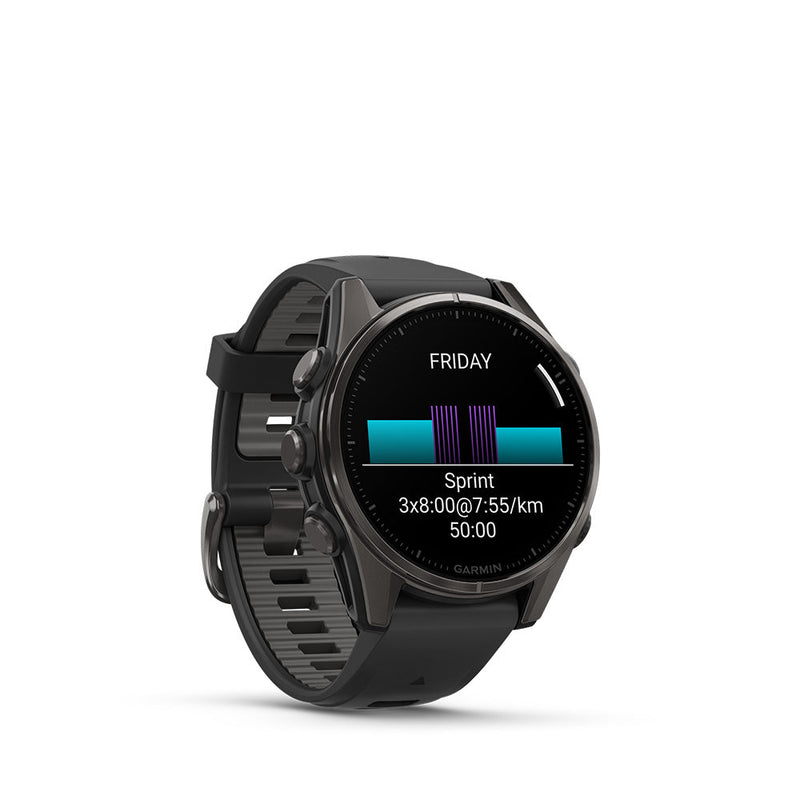 Fenix® 8 – 43 mm, AMOLED Sapphire, Carbon grey DLC titanium with Black/pebble grey silicone band