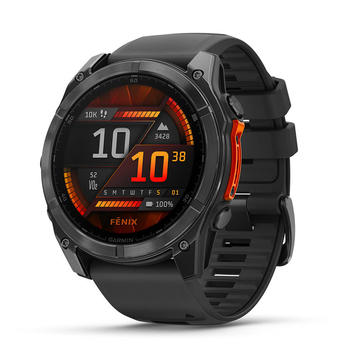 Fenix 8 – 51 mm, AMOLED, Sapphire Carbon Grey DLC Titanium with Black/Pebble Grey Silicone