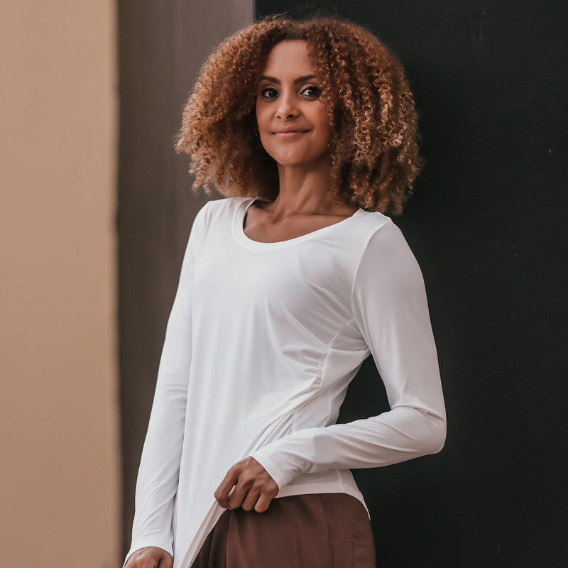 Multiply Raleigh Regal Rouched Long Sleeve Top | White | Lisa Raleigh — Multiply Mall
