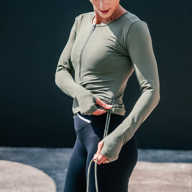 Side Sinch Long Sleeve Zipped Top | Khaki