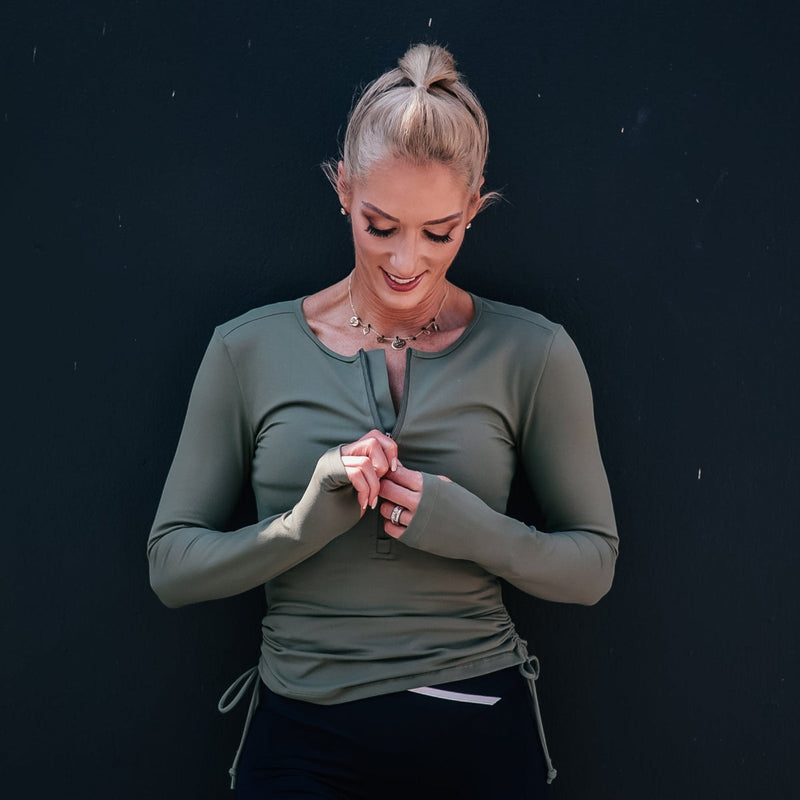 Side Sinch Long Sleeve Zipped Top | Khaki