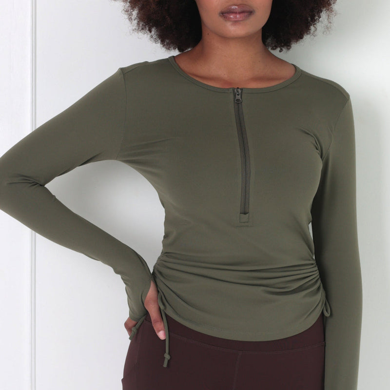 Side Sinch Long Sleeve Zipped Top | Khaki