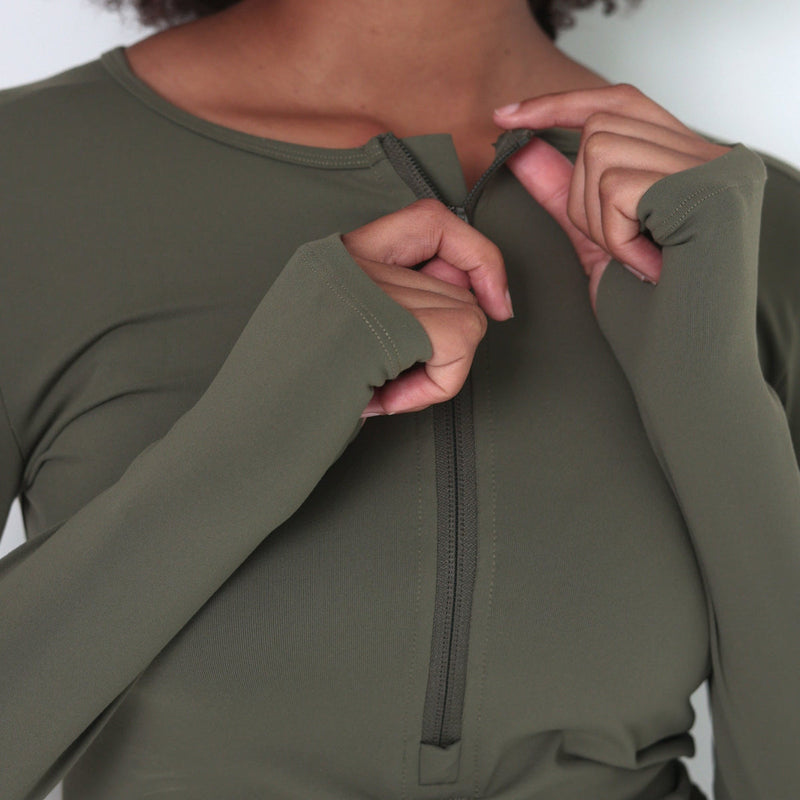 Side Sinch Long Sleeve Zipped Top | Khaki