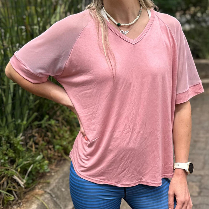 V-Shape Sheer Glam Top | Dusty Pink