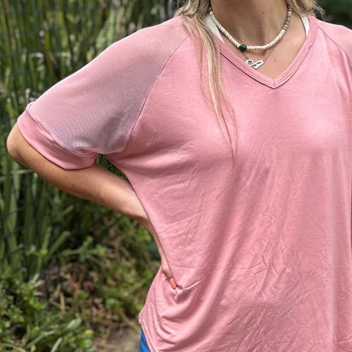 V-Shape Sheer Glam Top | Dusty Pink