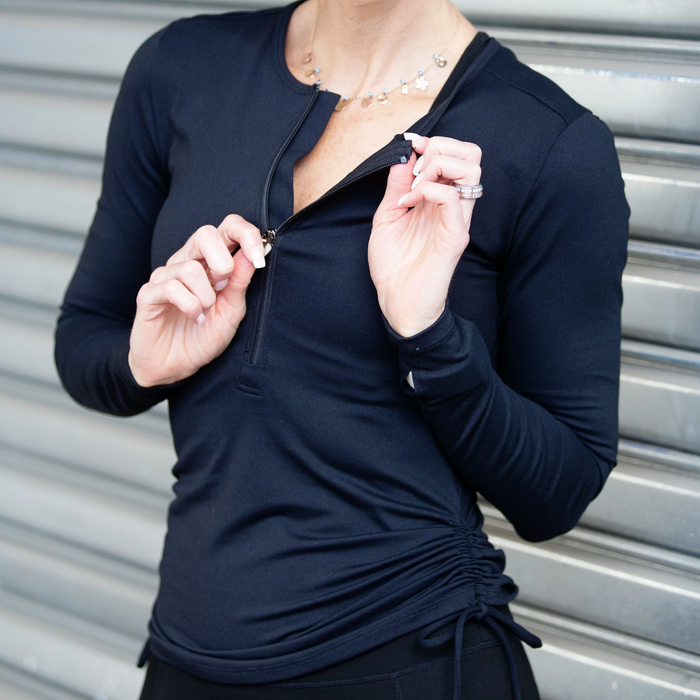 Side Sinch Long Sleeve Zipped Top | Black